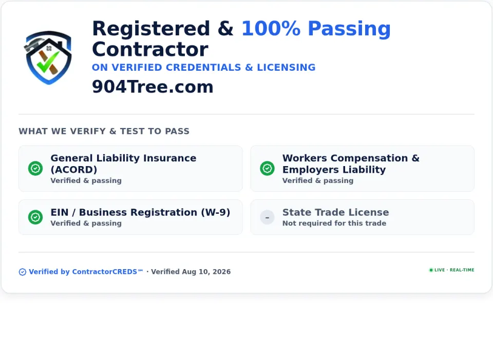 904Tree.com — Registered and 100% Passing Contractor on Verified Credentials and Licensing — Verified by ContractorCREDS Aug 10 2026