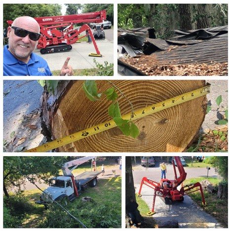 904Tree.com emergency tree work with a spider lift, storm roof damage, and large log removal