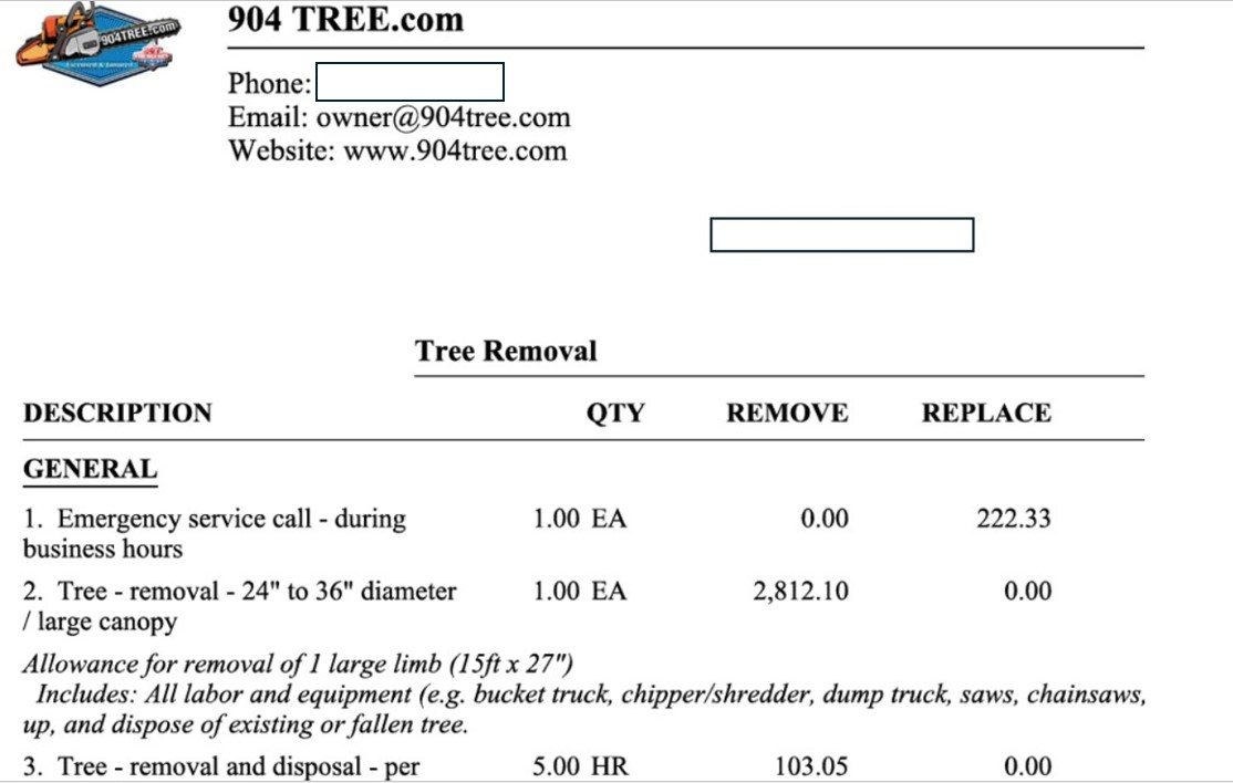 Example 904Tree.com XACTIMATE estimate for emergency tree removal billed directly to insurance in Jacksonville, FL