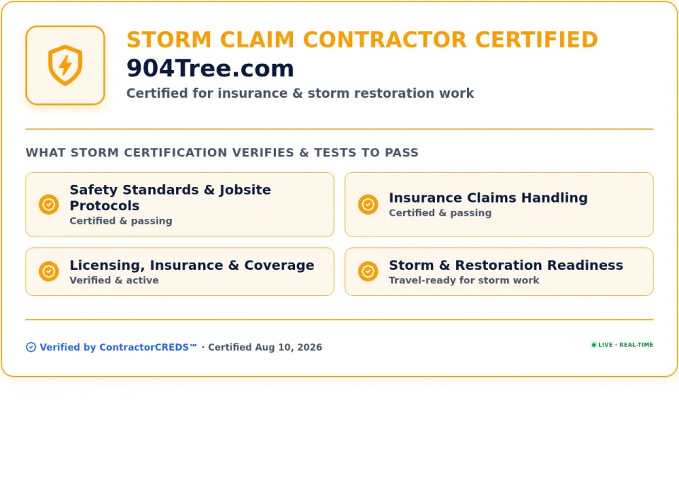 Storm Claim Contractor Certified — 904Tree.com Jacksonville FL — Certified for insurance and storm restoration work — Certified Aug 10 2026