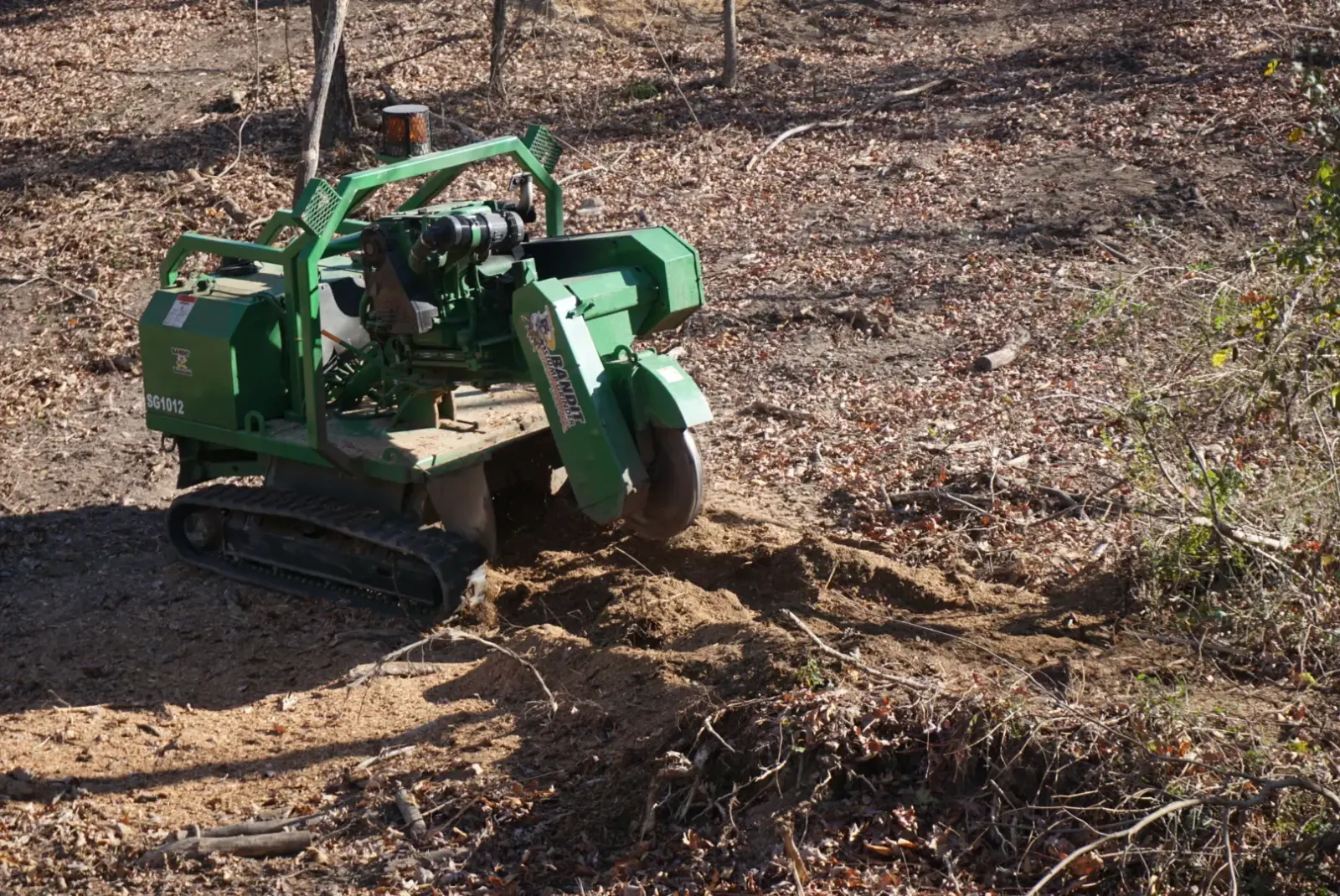 Grinding a large stump with a compact stump grinder on a Jacksonville property — 904Tree