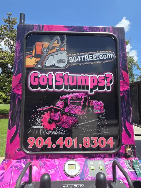 904Tree stump grinder front panel — Got Stumps? 904TREE.com branding with chainsaw logo and phone number