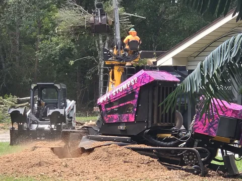 904Tree crew grinding a stump beside a home while a bobcat skid steer and grapple crane clear the tree in the background on a Jacksonville, FL job site
